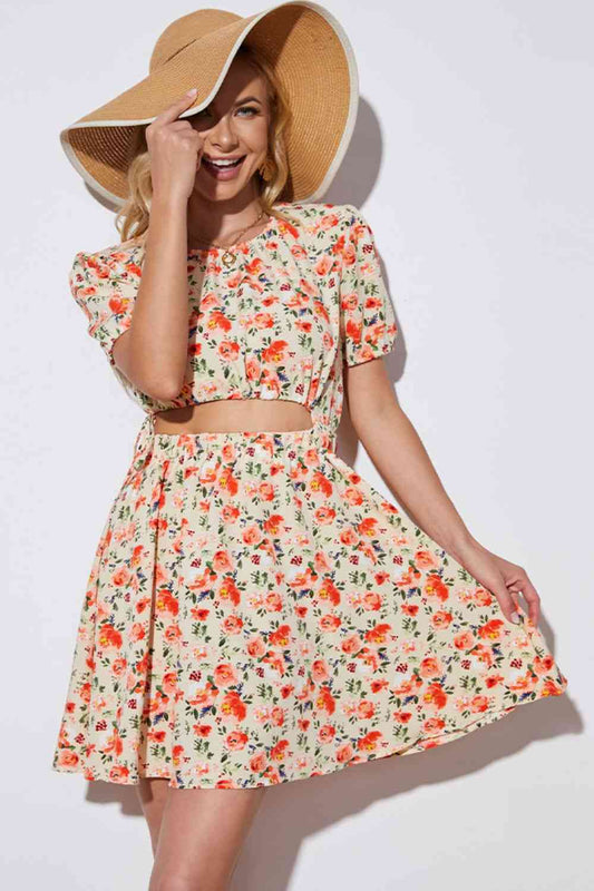 Floral Cutout Short Puff Sleeve DressMini DressVioletta & RcFloral Cutout Short Puff Sleeve Dress